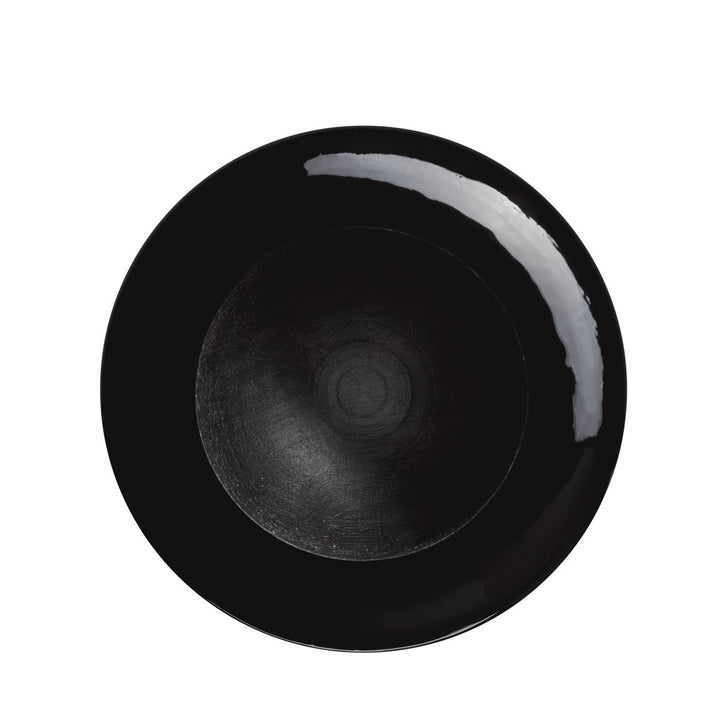 A round, glossy black plate features a subtle circular center pattern and a reflective white streak near the rim—reminiscent of the finish on the Louisville Slugger MLB Prime Signature Series CY22 Christian Yelich Game Model Bat—set against white.