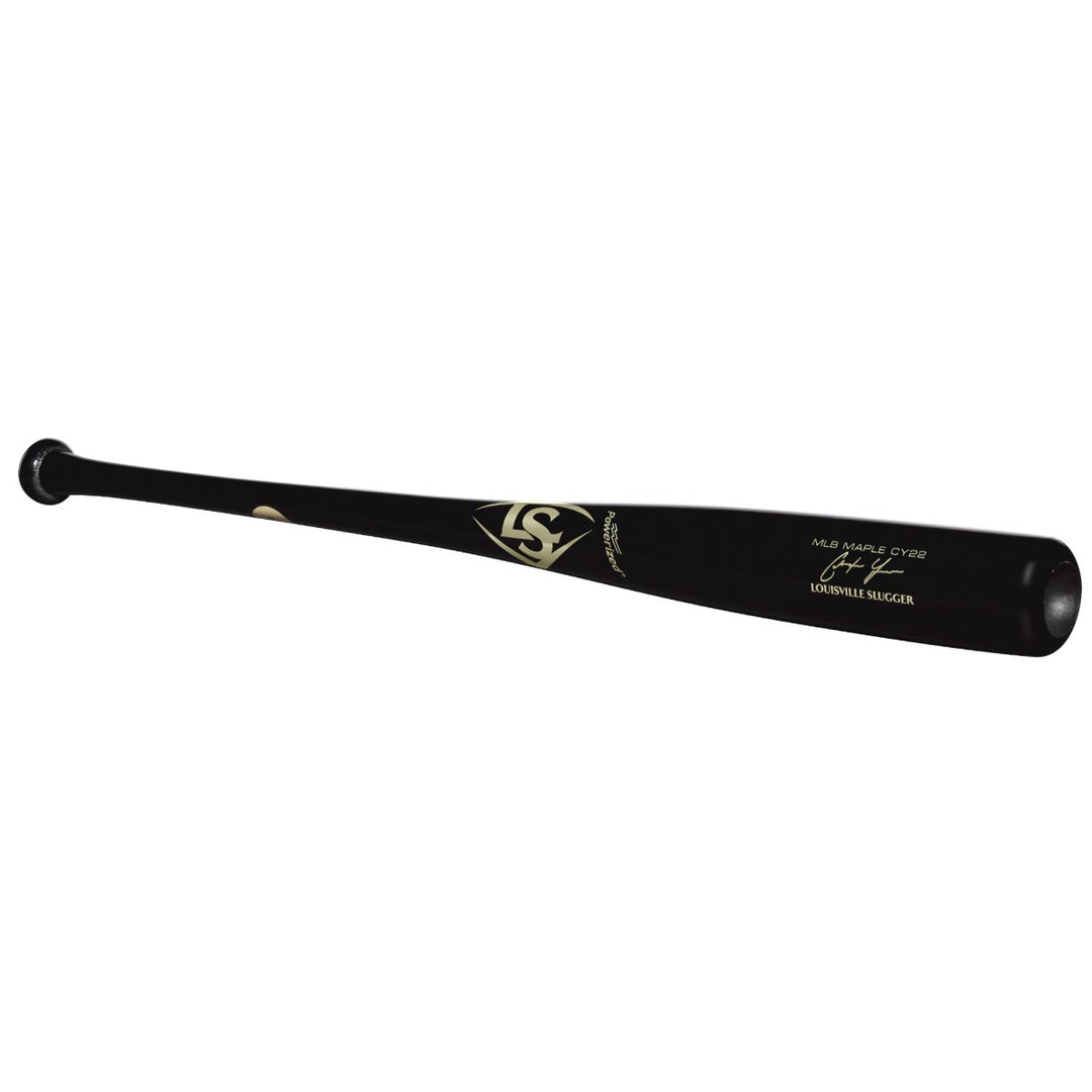 The Louisville Slugger MLB Prime Signature Series CY22 Christian Yelich Game Model (WBL2435010) is a black wooden bat with a gold logo and text near the barrel, slightly tapered handle, and rounded end.