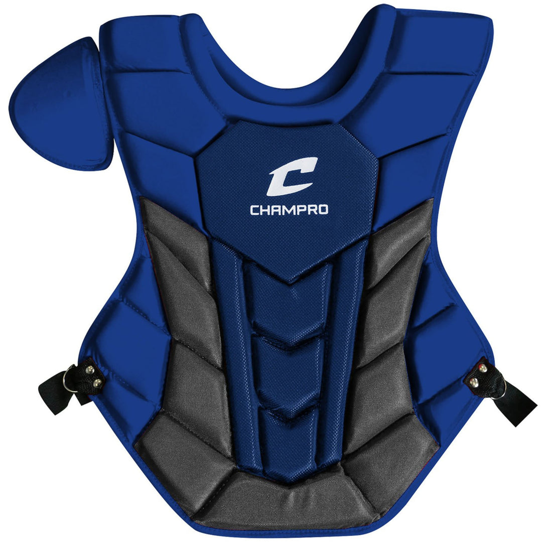 The Champro Optimus Pro Plus Catcher's Chest Protector (CPN1) by Champro Sports features blue and black colors, shoulder padding, black straps, the white Champro logo on the chest, and moisture-wicking materials for comfort.