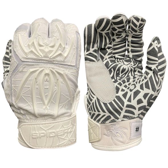The Spiderz HYBRID Adult Batting Gloves feature a white design with black web patterns on the palm, a raised spider logo on the back, and "SPIDER" on the wrist strap for top grip and pro-level quality. Brand: Spiderz.