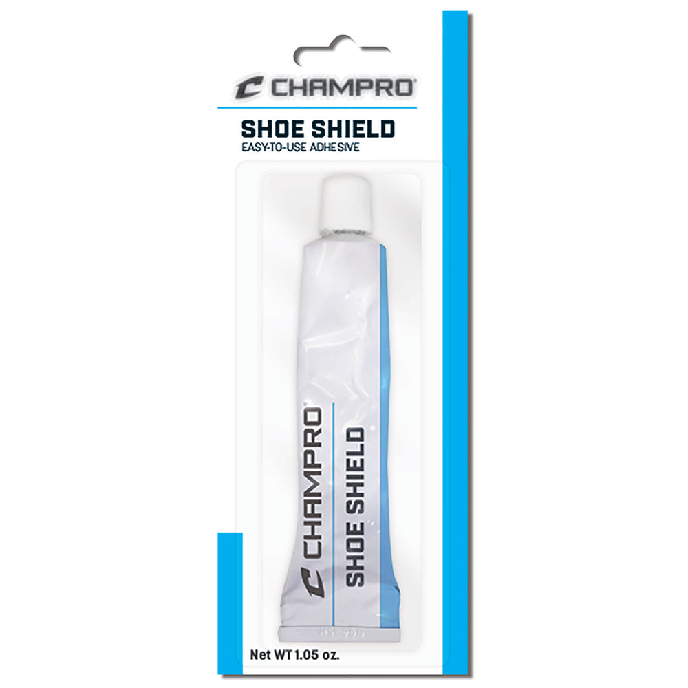 A 1.05 oz tube of Champro Sports Shoe Shield Foot Protection (A037) in white and blue, displayed vertically in clear plastic—ideal for fastpitch pitchers as a shoe protector.