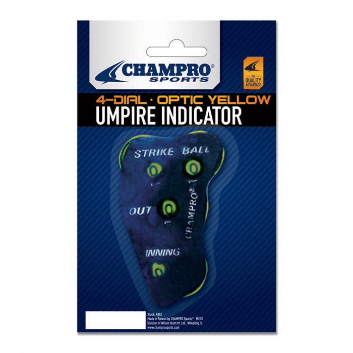 The Champro Sports 4 Dial Umpire Indicator (A042) has optic yellow dials for strikes, balls, outs, and innings in a clear case with bold blue and yellow Champro Sports branding.