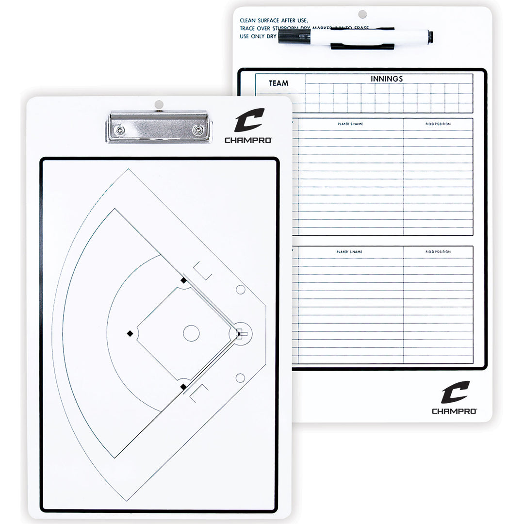 The Champro Sports Coaches Dry Erase Clip Board (A091) offers a full field layout and pen, perfect for strategizing. Its two-sided design doubles as a dry erase board for quick notes or diagrams.