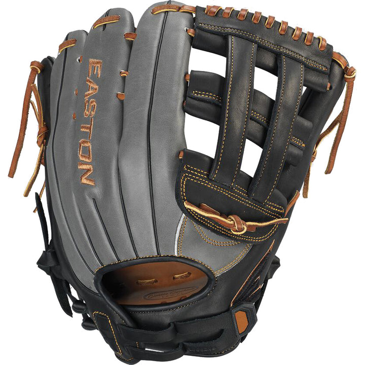 The Easton Professional Collection 13" Slowpitch Glove (PCSP13) features a black and gray design with tan laces and stitching, made from premium steerhide leather, and has Easton embroidered in orange on the back.