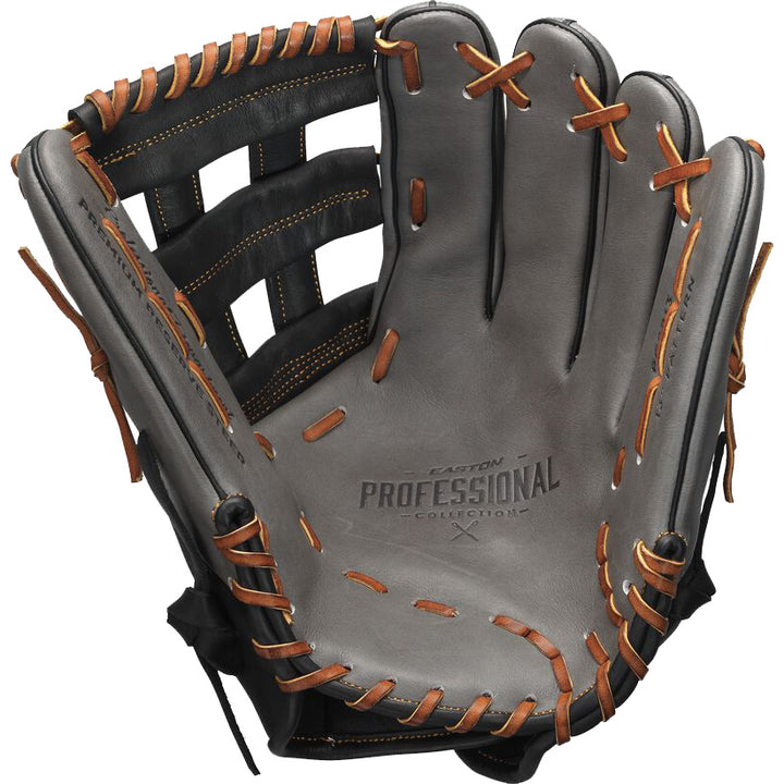 The Easton Professional Collection 13" Slowpitch Glove (PCSP13) is an open gray and brown glove made from premium steerhide leather, featuring visible laces and "Easton Professional Collection" stamped on the palm.
