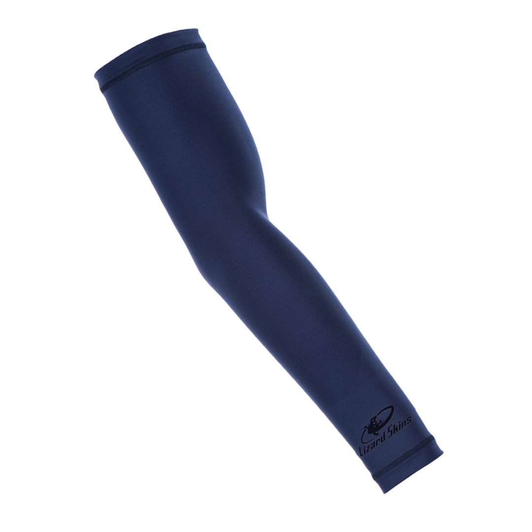 The Lizard Skins Performance Arm Sleeve ARMS5000 in navy, featuring the Lizard Skins logo near the wrist, is a youth compression sleeve for comfort and support, shown on a plain white background.