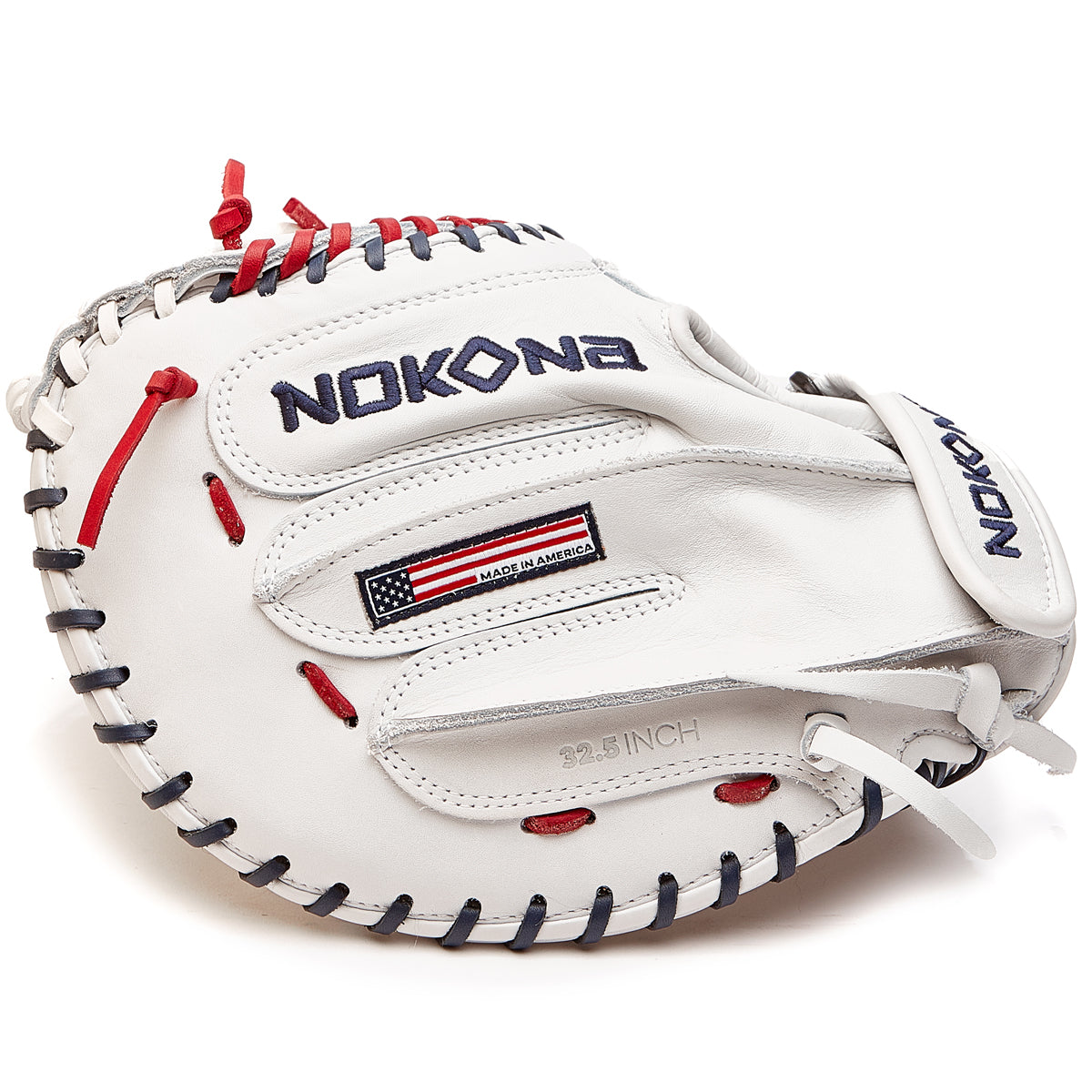 The Nokona American KIP 32.5" Fastpitch Catcher's Mitt (A-V3250-WH) is a white catcher’s glove with red and blue laces, an American flag patch, and MADE IN AMERICA label—expertly handcrafted by Nokona.