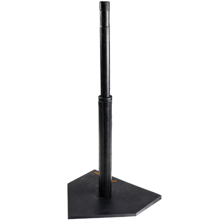 The Champro Sports Heavy Duty Rubber Batting Tee (B050) features a black adjustable height design with telescoping rubber tubes and an official size plate, making it ideal for baseball or softball practice.