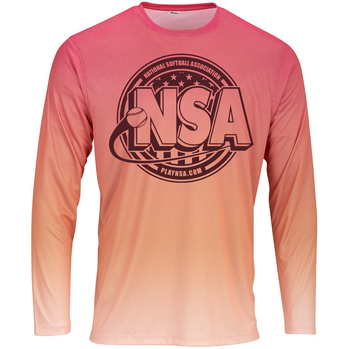 The DSG Apparel National Softball Association (NSA) Barbados Long Sleeve Shirt is made from microfiber performance polyester and features a front logo.
