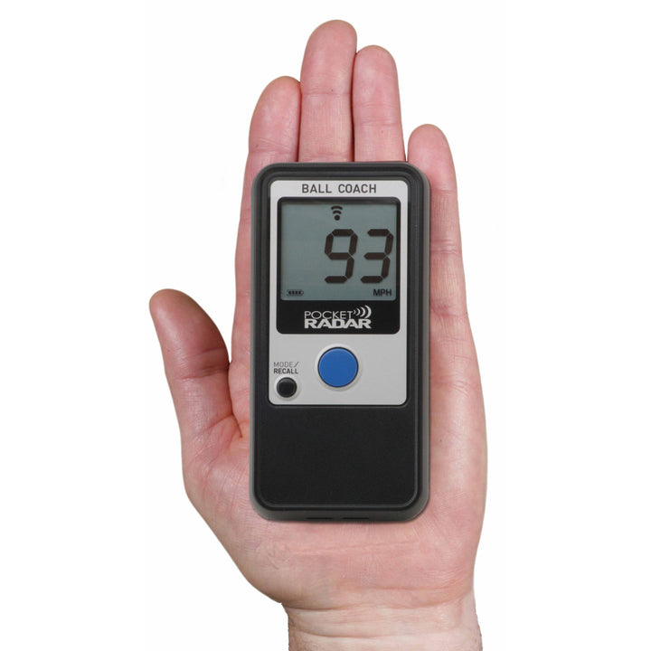 A person holds the Pocket Radar Ball Coach Radar (PR1000-BC) by Pocket Radar in their palm, with its display showing 93 MPH—highlighting its precision for measuring ball speed.