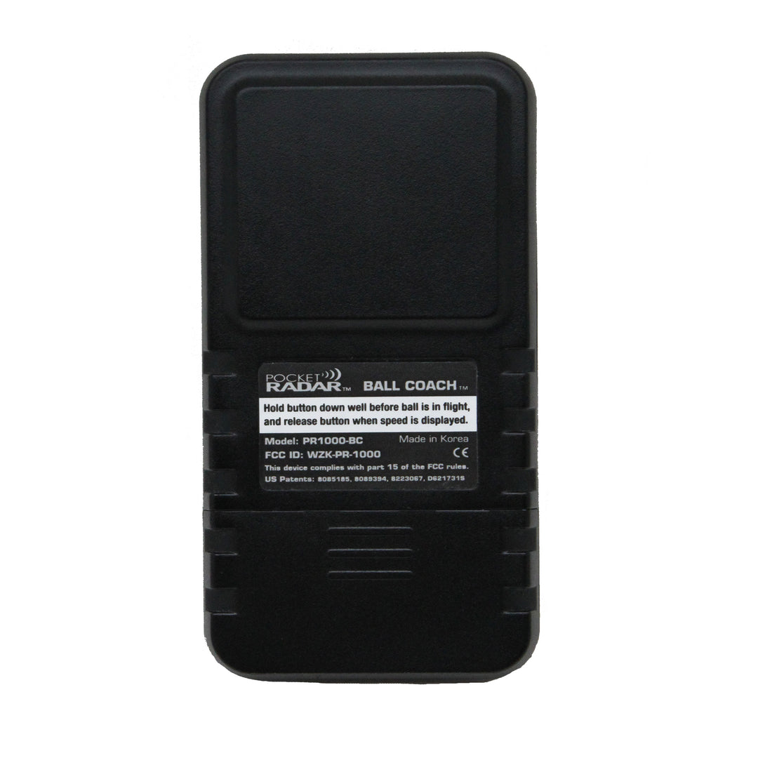 The Pocket Radar Ball Coach Radar (PR1000-BC) by Pocket Radar is a black handheld device with a top rectangular display and instruction label below, perfect for precise ball speed measurement in speed training sessions.