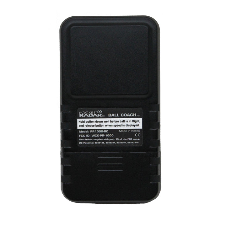 The Pocket Radar Ball Coach Radar (PR1000-BC) by Pocket Radar is a black handheld device with a top rectangular display and instruction label below, perfect for precise ball speed measurement in speed training sessions.