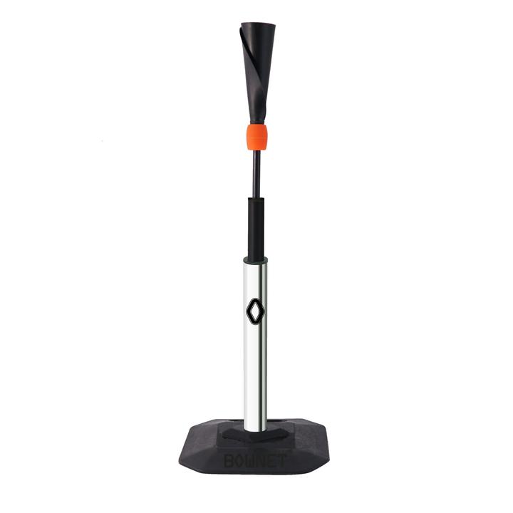 The Bownet ProMag Lite Batting Tee (BN-PROMAG LITE) by Bownet features a black rubber base, silver/black adjustable stem, orange ring, and black cone-shaped top—ideal for practice and inspired by the ProMag™ Tee Lite design.