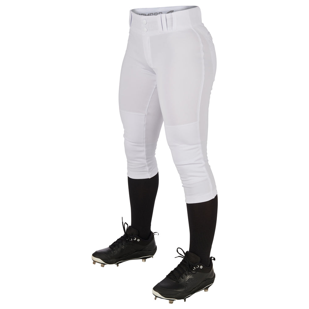 A person wearing Champro Sports Women's Low Rise Tournament Fastpitch Softball Pants (BP11W), black knee-high socks, and black cleats, shown waist down against a white background.