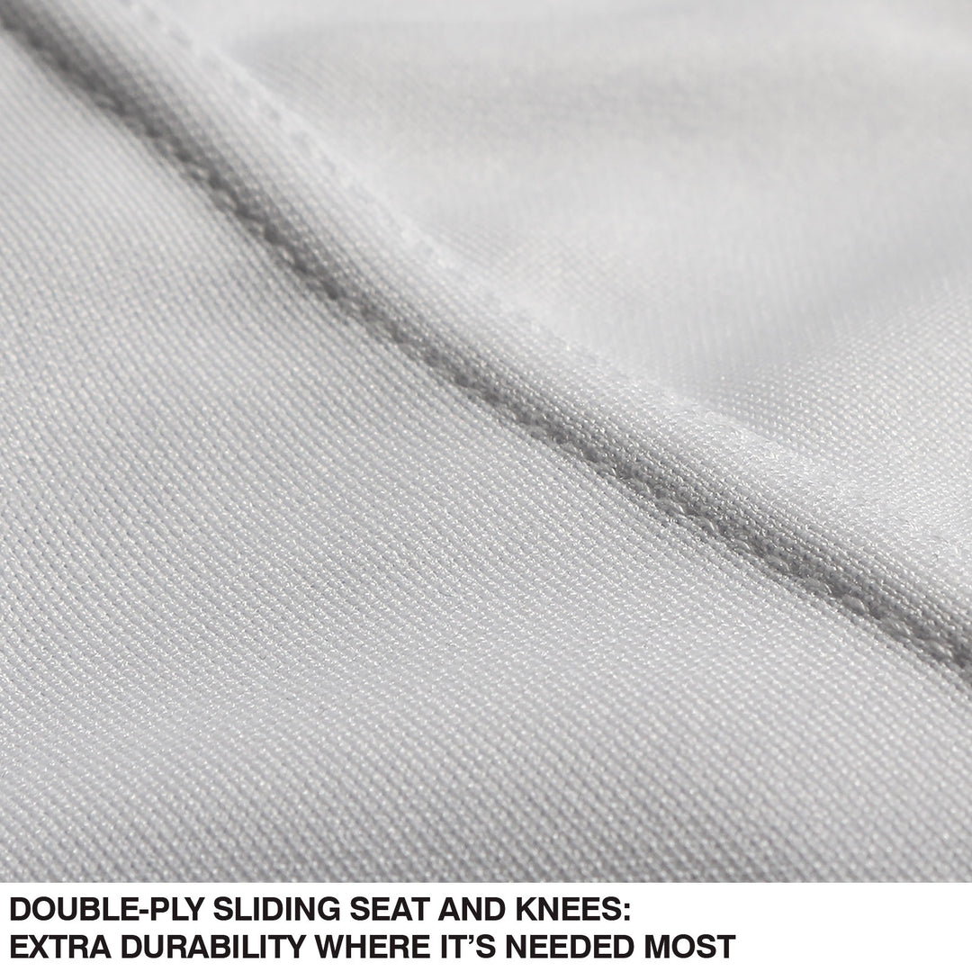 Close-up of Champro Sports Girl's Low Rise Tournament Fastpitch Softball Pants (BP11G) in light gray, showing double-ply sliding seat and knees for extra durability, plus four-way stretch fabric for comfort where itâs needed most.