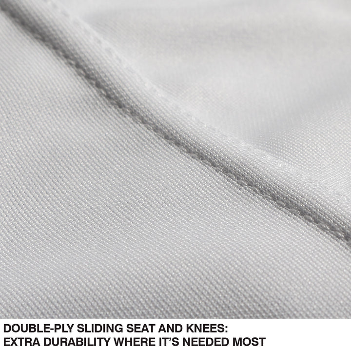 Close-up of Champro Sports Girl's Low Rise Tournament Fastpitch Softball Pants (BP11G) in light gray, showing double-ply sliding seat and knees for extra durability, plus four-way stretch fabric for comfort where itâs needed most.