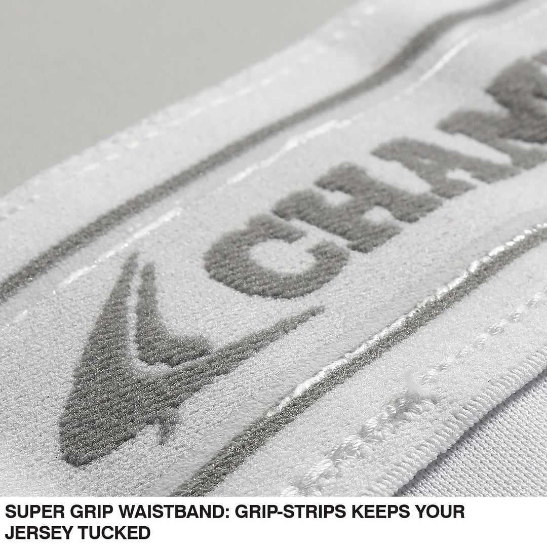 Close-up of a white waistband with CHAMPRO SPORTS in gray textured lettering and a grip-strip. Text below: SUPER GRIP WAISTBAND keeps your jersey tuckedâdesigned for Champro Sports Girl's Low Rise Tournament Fastpitch Softball Pants (BP11G).
