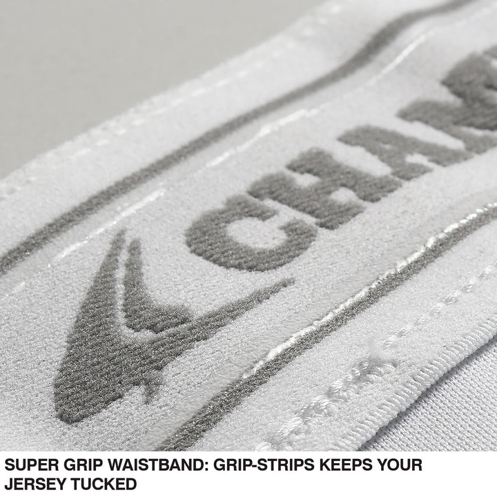Close-up of a white waistband with CHAMPRO SPORTS in gray textured lettering and a grip-strip. Text below: SUPER GRIP WAISTBAND keeps your jersey tuckedâdesigned for Champro Sports Girl's Low Rise Tournament Fastpitch Softball Pants (BP11G).