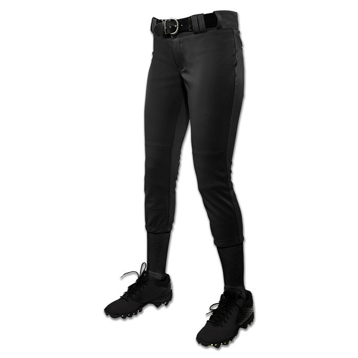 A person models Champro Sports Girl's Low Rise Tournament Fastpitch Softball Pants (BP11G) in black, paired with a black belt, socks, and cleats against a white background. Only the lower body is visible.