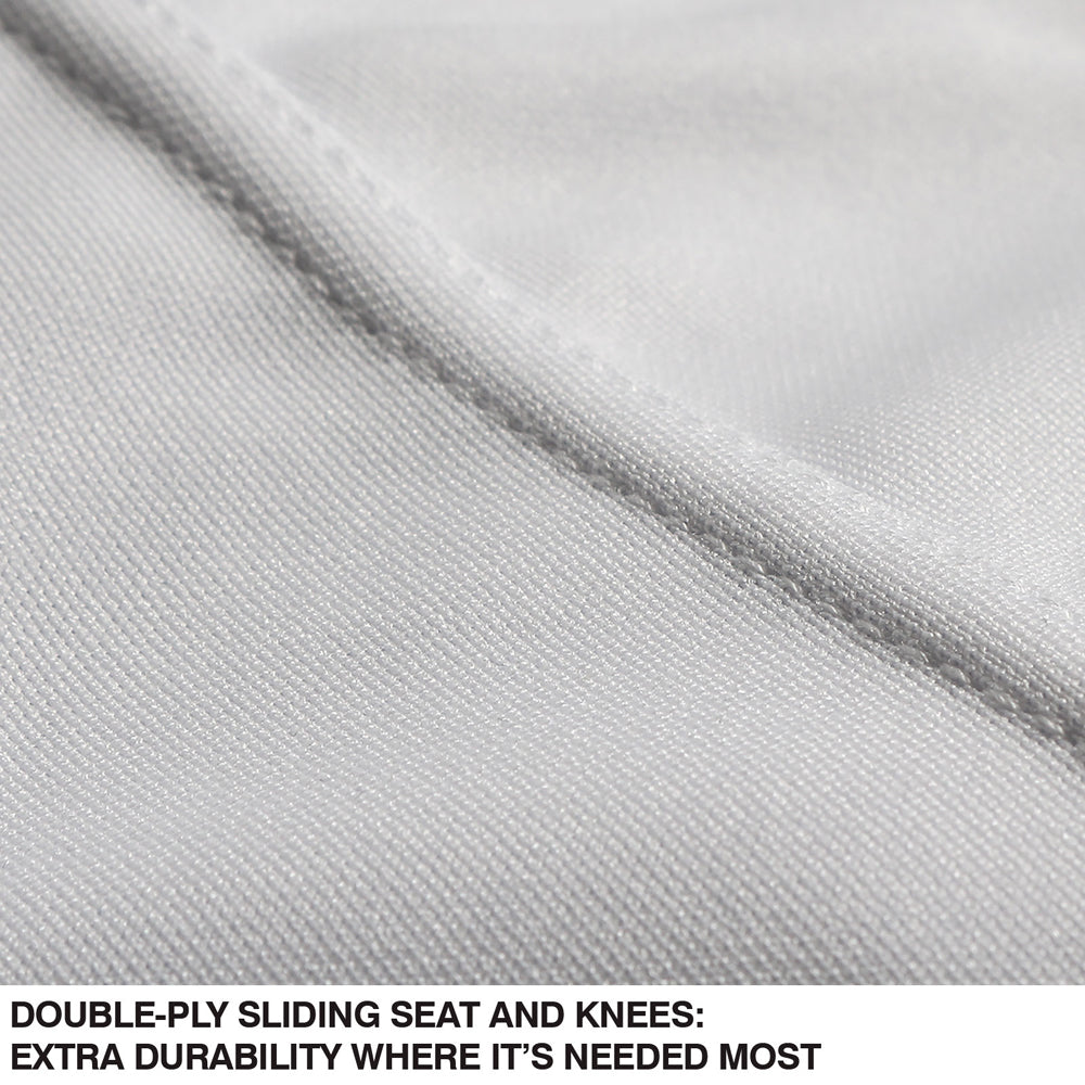 Close-up of light gray, textured double knit fabric with a visible seam. Text at the bottom reads: Champro Sports Triple Crown Open Bottom Pants (BP9UY)—double-ply seat and knees for extra durability where it's needed most.