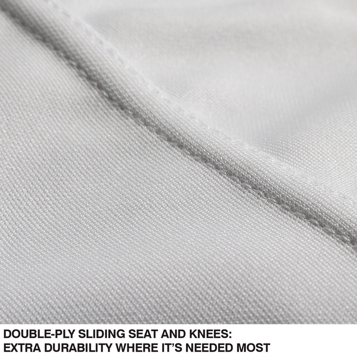 Close-up of light gray, textured double knit fabric with a visible seam. Text at the bottom reads: Champro Sports Triple Crown Open Bottom Pants (BP9UY)—double-ply seat and knees for extra durability where it's needed most.