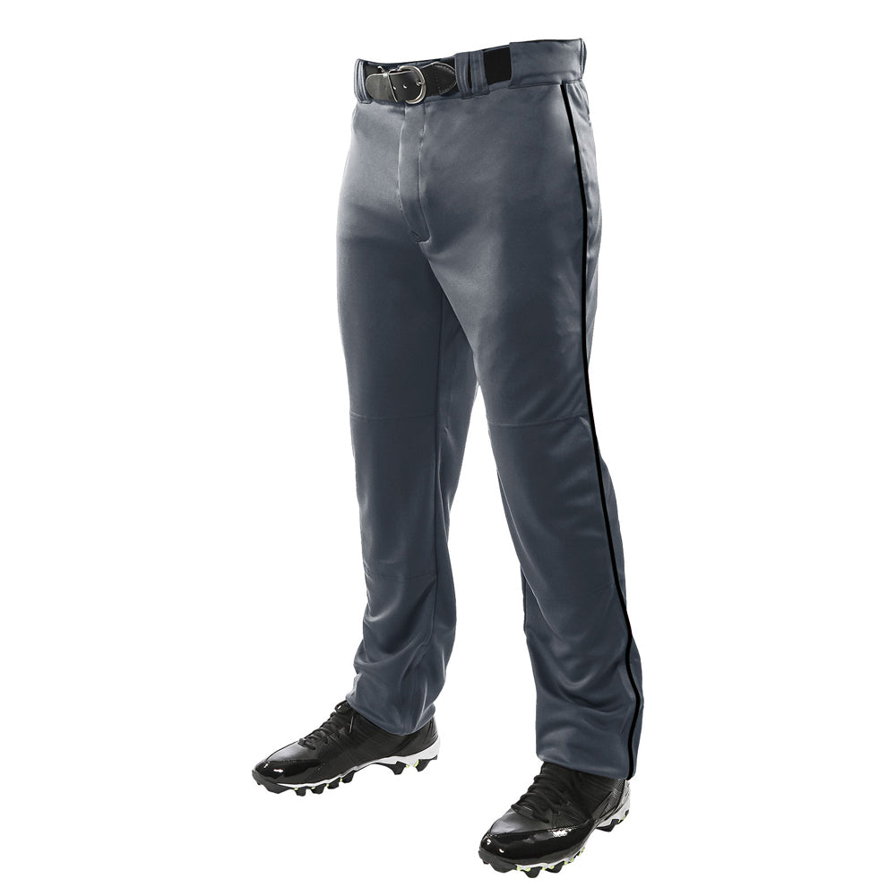 A person wears Champro Sports Youth Triple Crown Open Bottom Baseball Pants with piping (BP91UY), double knit polyester, featuring a black side stripe, black belt, and black cleats. Only the lower half is visible against a white background.