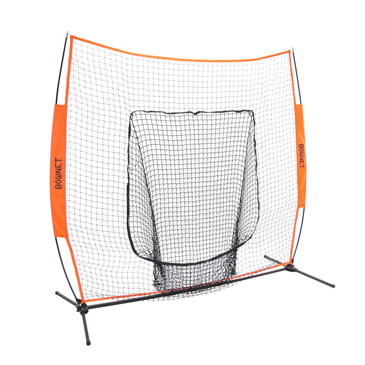 The Bownet Big Mouth X 7' x 7' Training Net (BOWBMX) by Bownet features a durable orange steel frame, black netting, and a built-in target pocket—ideal for quick setup and ball-catching in baseball or softball practice.