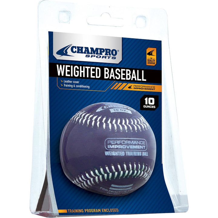 The Champro Sports Weighted Training Baseballs (CBB707-CBB712), 10 oz with purple leather cover, are packaged to showcase overload training benefits for boosting arm strength and performance.