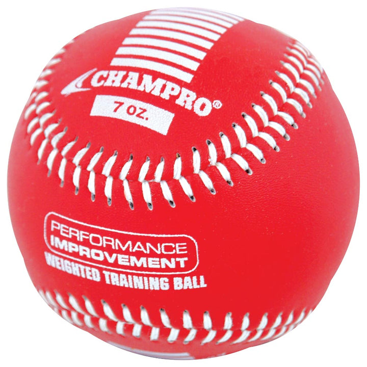 The Champro Sports Weighted Training Baseballs (CBB707âCBB712) are red, 7 oz. balls with white stitching and "PERFORMANCE IMPROVEMENT WEIGHTED TRAINING BALL" textâideal overload tools to boost arm strength and performance.