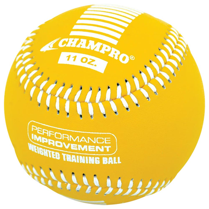 A yellow Champro Sports Weighted Training Baseball (CBB707-CBB712) with white stitching, ideal for overload training and building arm strength. Ball displays: Champro 11 oz. and Performance Improvement Weighted Training Ball.