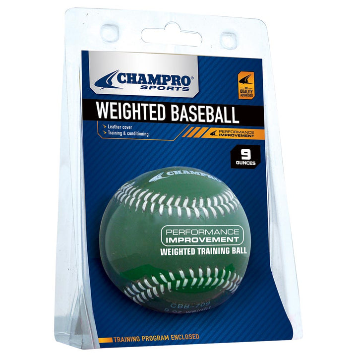 The Champro Sports Weighted Training Baseball (CBB707-CBB712) features a green leather cover, weighs 9 ounces, and comes in a clear plastic caseâideal for overload training and arm strength improvement.