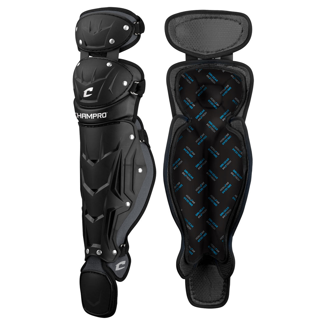Two black Champro Optimus Pro Catcher's Leg Guards (CG18) by Champro Sports are shown—one highlights the durable PE shin plate, while the other displays the padded interior lining and Champro branding for comfort and protection.