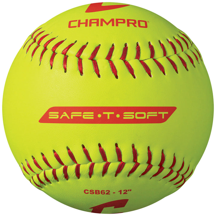 The Champro Sports SAFE-T-SOFT Duracover 12" Composite Fastpitch Softball (CSB62) features red stitching and a tough durahide cover, making it perfect for t-ball or indoor training.
