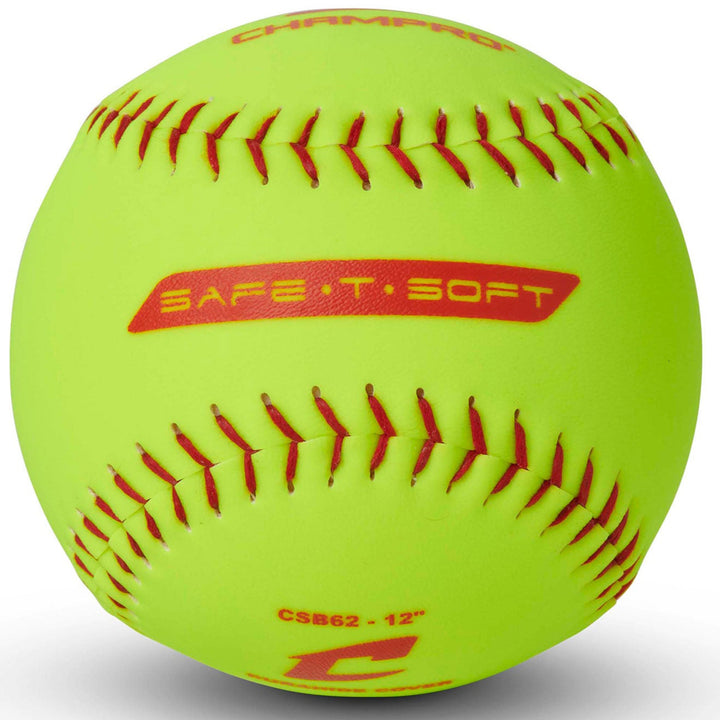 The Champro Sports SAFE-T-SOFT Duracover 12" Fastpitch Softball (CSB62) features a durable yellow composite cover, red stitching, and "SAFE-T-SOFT" printed in redâideal for indoor training with visible brand logo and model details.