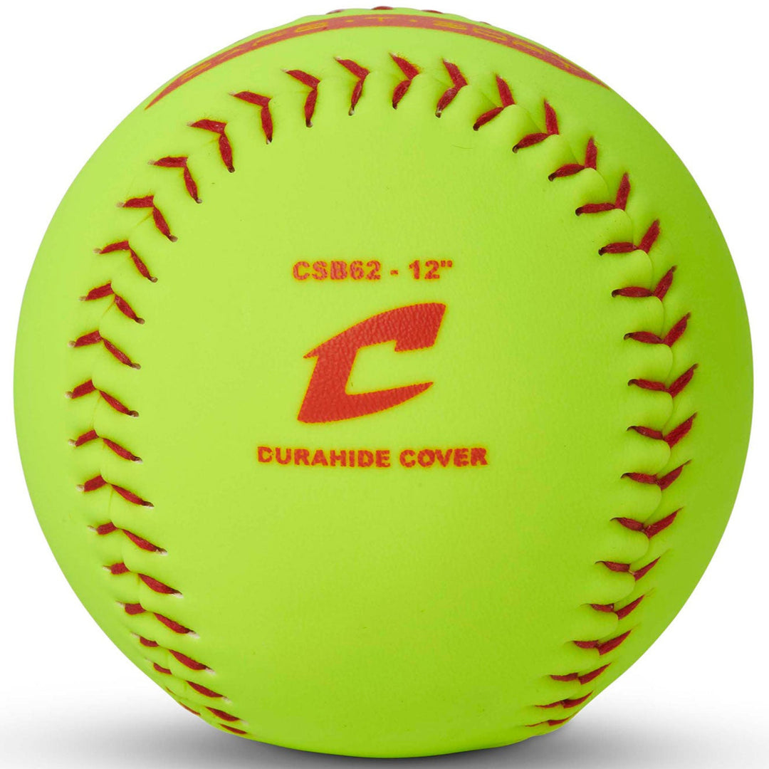 The Champro Sports SAFE-T-SOFT Duracover 12" Composite Fastpitch Softball (CSB62) features bright yellow color, red stitching, and durable constructionâideal for indoor training.