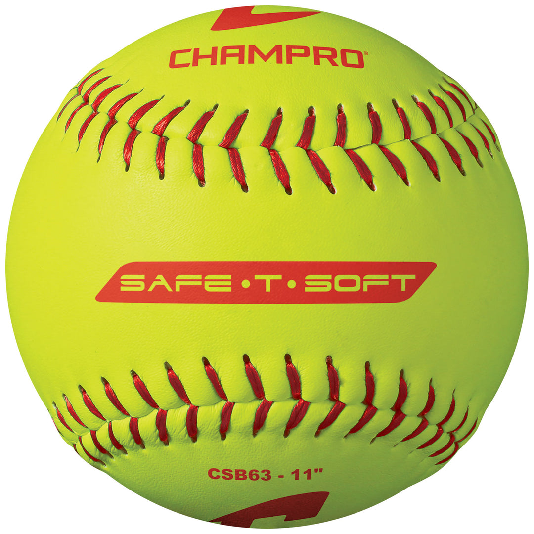 The Champro Sports SAFE-T-SOFT Duracover 11" Fastpitch Softball (CSB63) features bright yellow composite cover, red stitching, and red-printed logosโideal for t-ball or indoor training.