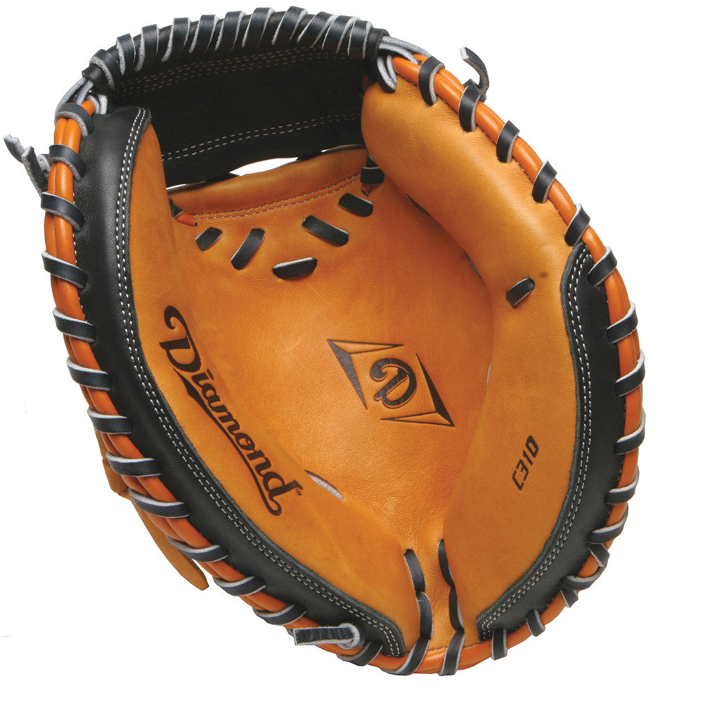 The Diamond C310 31" Baseball Catcher's Mitt (DCM-C310) features brown and black leather, black lacing, a 31" circumference, and the Diamond brand name printed inside.