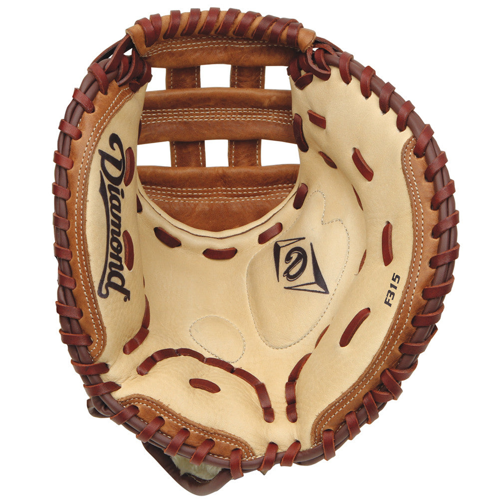 A close-up of the Diamond F315 31.5" Fastpitch Catcher's Mitt by Diamond, featuring game-ready tan and brown leather, thick brown lacing, "Diamond" printed on the palm, and a double post H-web design.