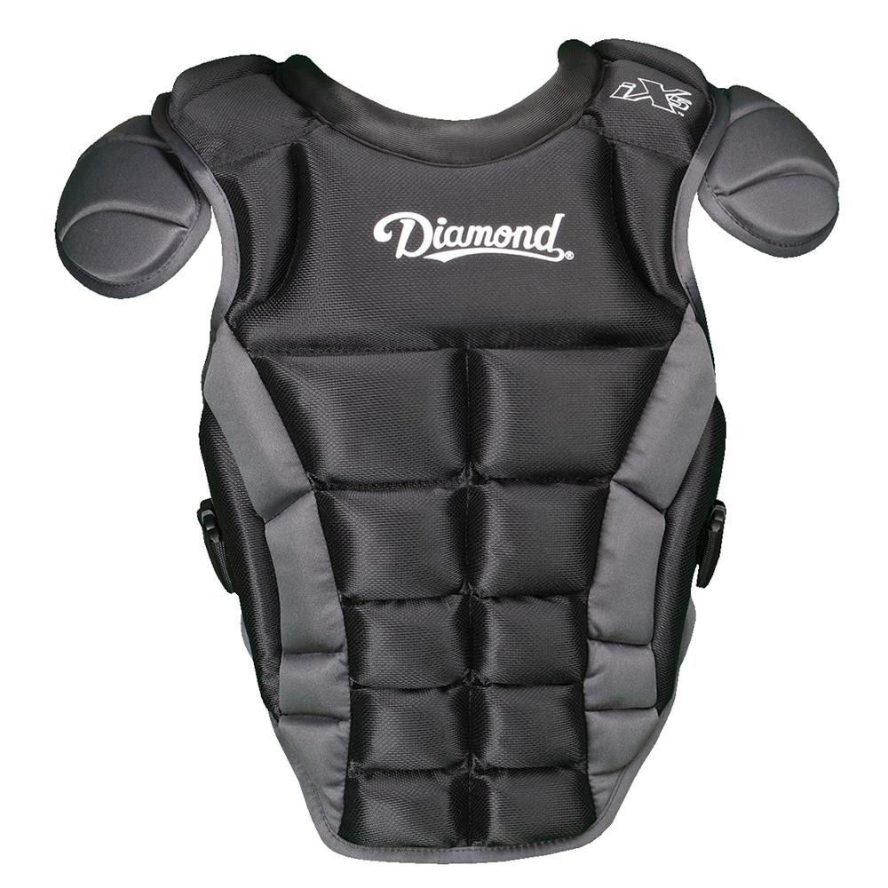 The Diamond iX5 Series Catcher's Chest Protector (DCP-IX5) features iX5 padding, shoulder guards, a black and gray design, a white Diamond logo on the chest, and an adjustable harness for a secure fit.