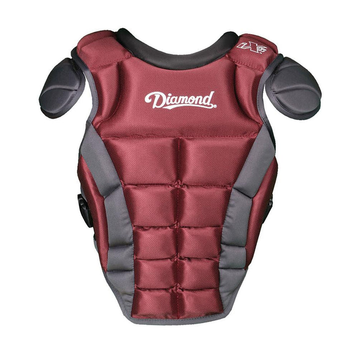 The Diamond iX5 Series Catcher's Chest Protector: DCP-IX5 (Discontinued) is a maroon and gray padded chest protector with iX5 padding, shoulder guards, and "Diamond" printed in white across the chest.