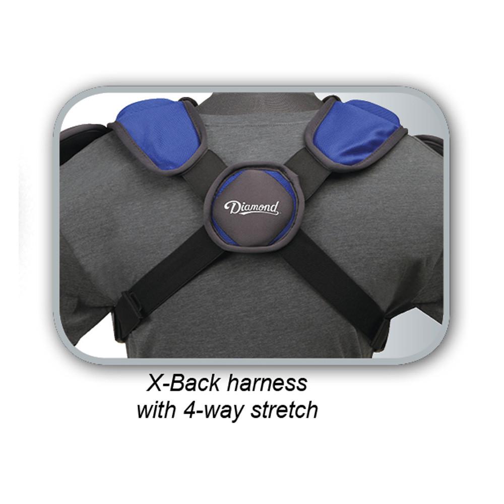 A person wearing a Diamond iX5 Series Catcher's Chest Protector (DCP-IX5) with blue padded iX5 shoulder straps and black adjustable straps. Text below reads: X-Back harness with 4-way stretch.