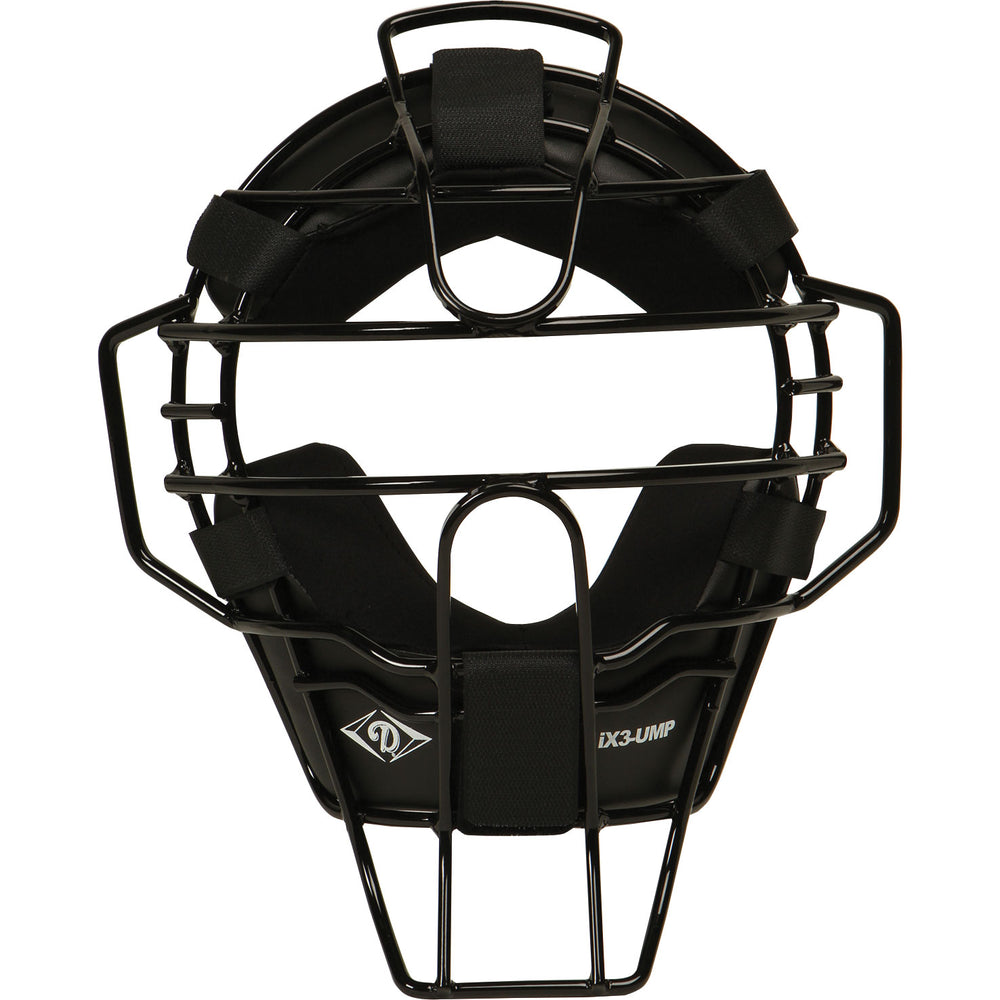 The Diamond iX3 Umpire Face Mask (DFM-iX3 UMP) by Diamond features a black ultra-lite single eye-bar metal frame, padded interior, adjustable straps, and Quik-Dry pads for adult protection and comfort during baseball or softball games.