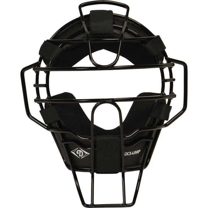 The Diamond iX3 Umpire Face Mask (DFM-iX3 UMP) by Diamond features a black ultra-lite single eye-bar metal frame, padded interior, adjustable straps, and Quik-Dry pads for adult protection and comfort during baseball or softball games.