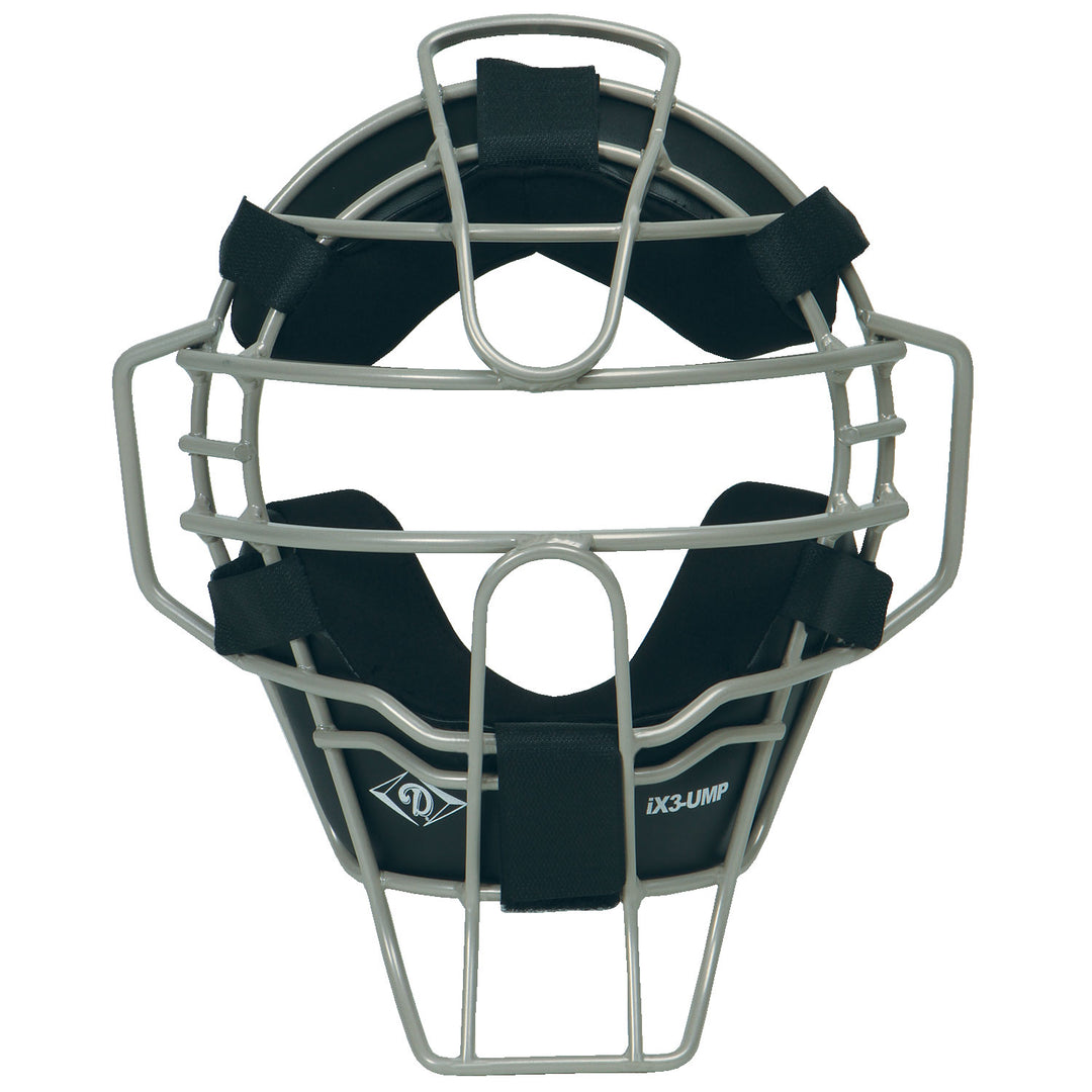 The Diamond iX3 Umpire Face Mask (DFM-iX3 UMP) by Diamond features a lightweight ultra-lite single eye-bar metal frame, black Quik-Dry pads, and multiple straps, designed for superior protection in baseball or softball games.