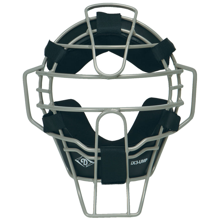 The Diamond iX3 Umpire Face Mask (DFM-iX3 UMP) by Diamond features a lightweight ultra-lite single eye-bar metal frame, black Quik-Dry pads, and multiple straps, designed for superior protection in baseball or softball games.