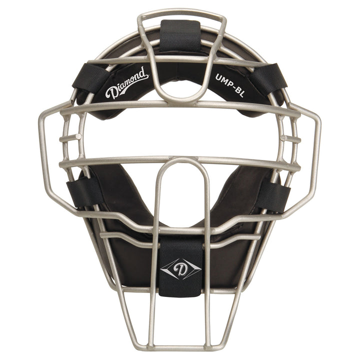 The Diamond Big League Umpire Face Mask (DFM-UMP BL) features black pro-style pads, padded lining and straps, a protective grid design, and Diamond branding. Ideal for baseball or softball umpires.