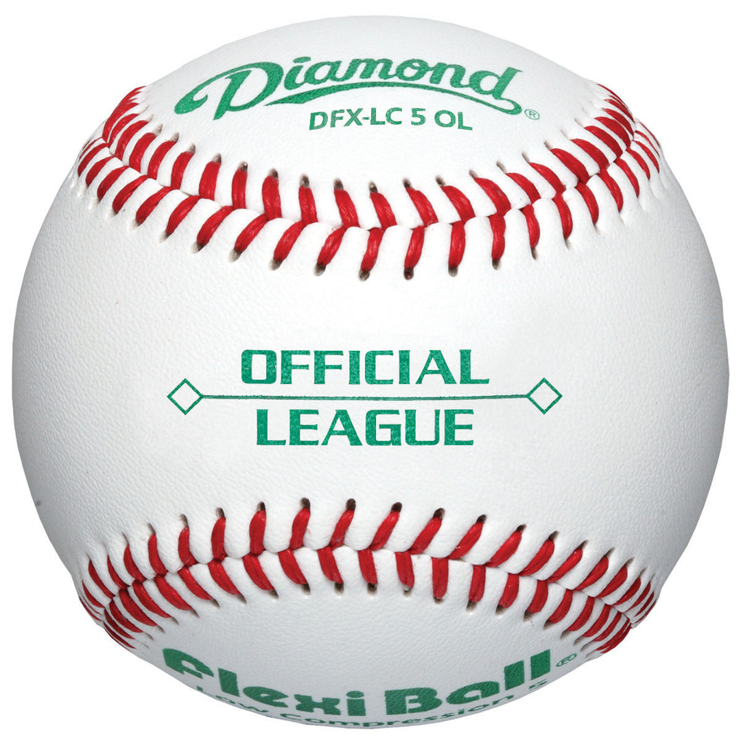 The Diamond LC5 FlexiBall Official League Baseball (DFX-LC5) by Diamond features a white cover, red stitching, green text, and a FlexiBall core for low compression performance.