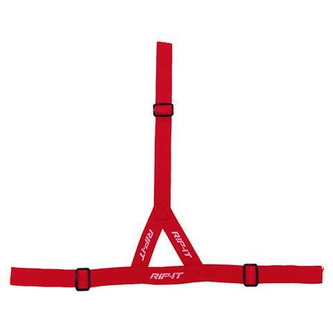 The Rip It Ponytail Strap for Defense Softball Fielder’s Mask (DGSTRAP) features adjustable black buckles, a red design with “Rip It” branding, and a triangular strap layout—ideal as a replacement part for your softball face mask.