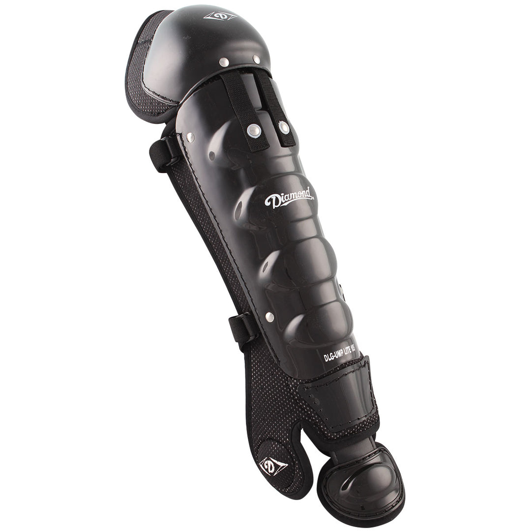 The Diamond Umpire Lite Leg Guards (DLG UMP-LITE) feature ventilated foam, padded knee and shin protection, adjustable straps, removable toe extension, and display the Diamond brand logo on the front for added coverage and comfort.