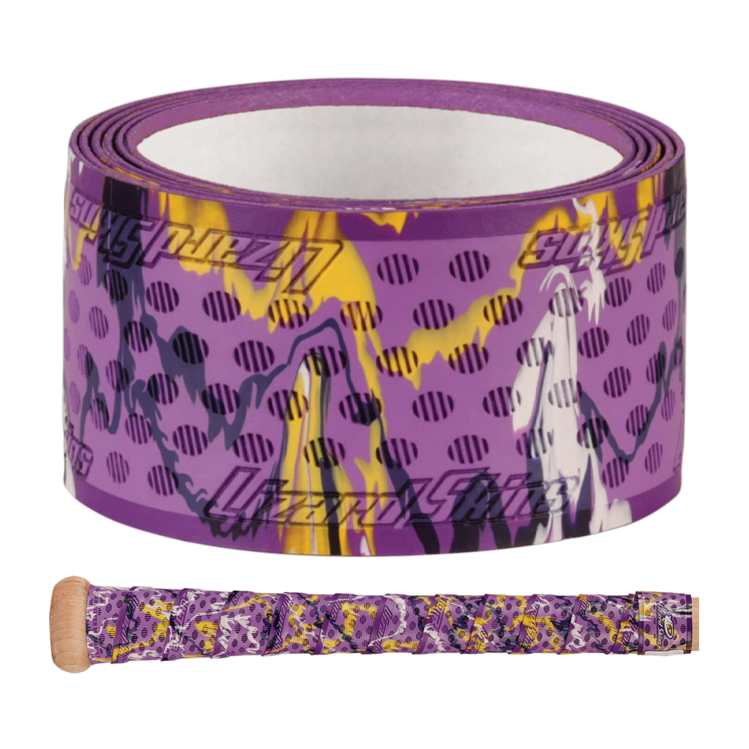 The Lizard Skins DSP Ultra Camo 1.1mm Bat Grip features a purple camo design with black, yellow, and white abstract patterns, shown unrolled and wrapped around a bat handle.
